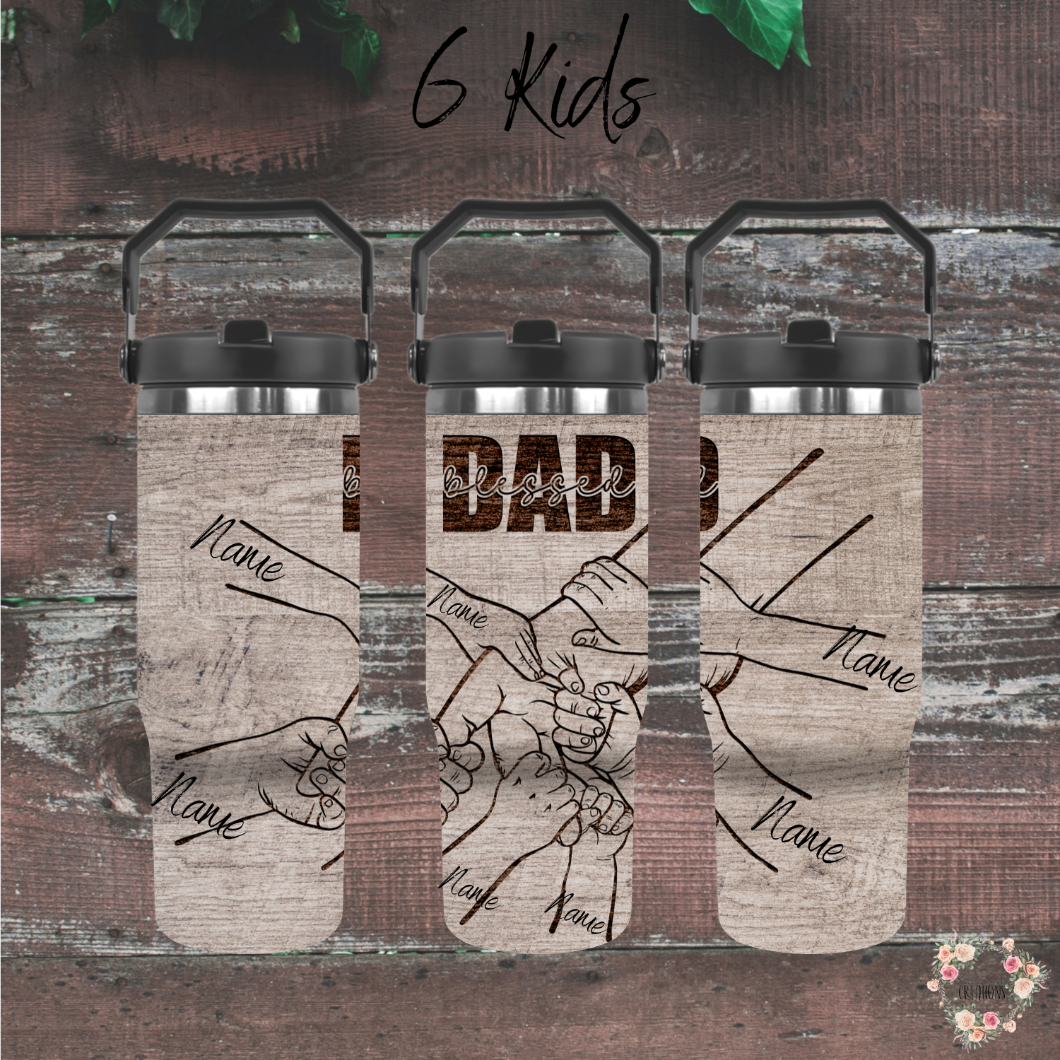 "Personalized rustic wood background tumbler with 'Blessed Dad' engraving and fist bump design, customizable with kids’ names – unique Father’s Day gift.