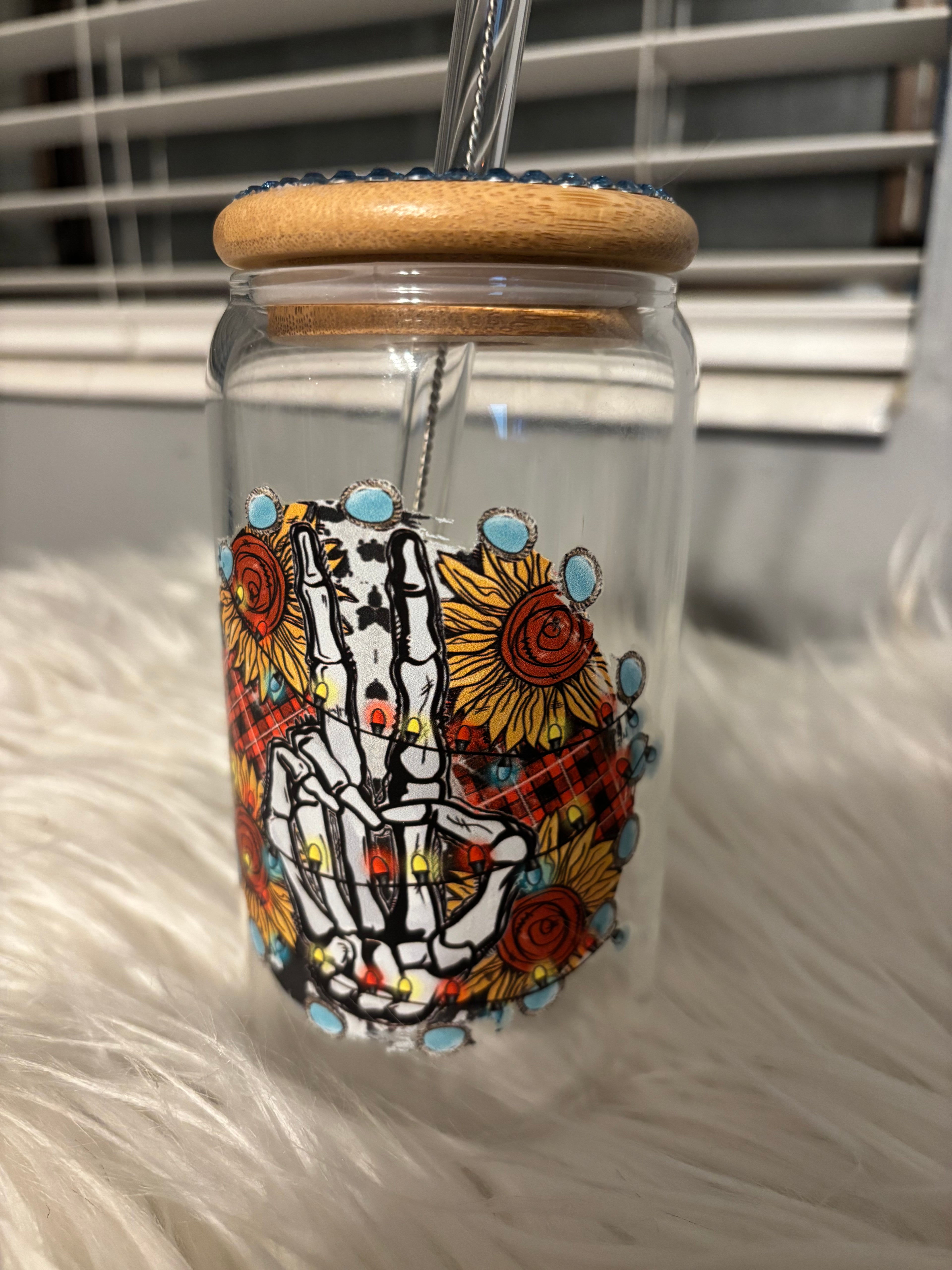 Skeleton Peace Hand Glass Can Tumbler – 14 oz Floral, Plaid & Sunflower Design