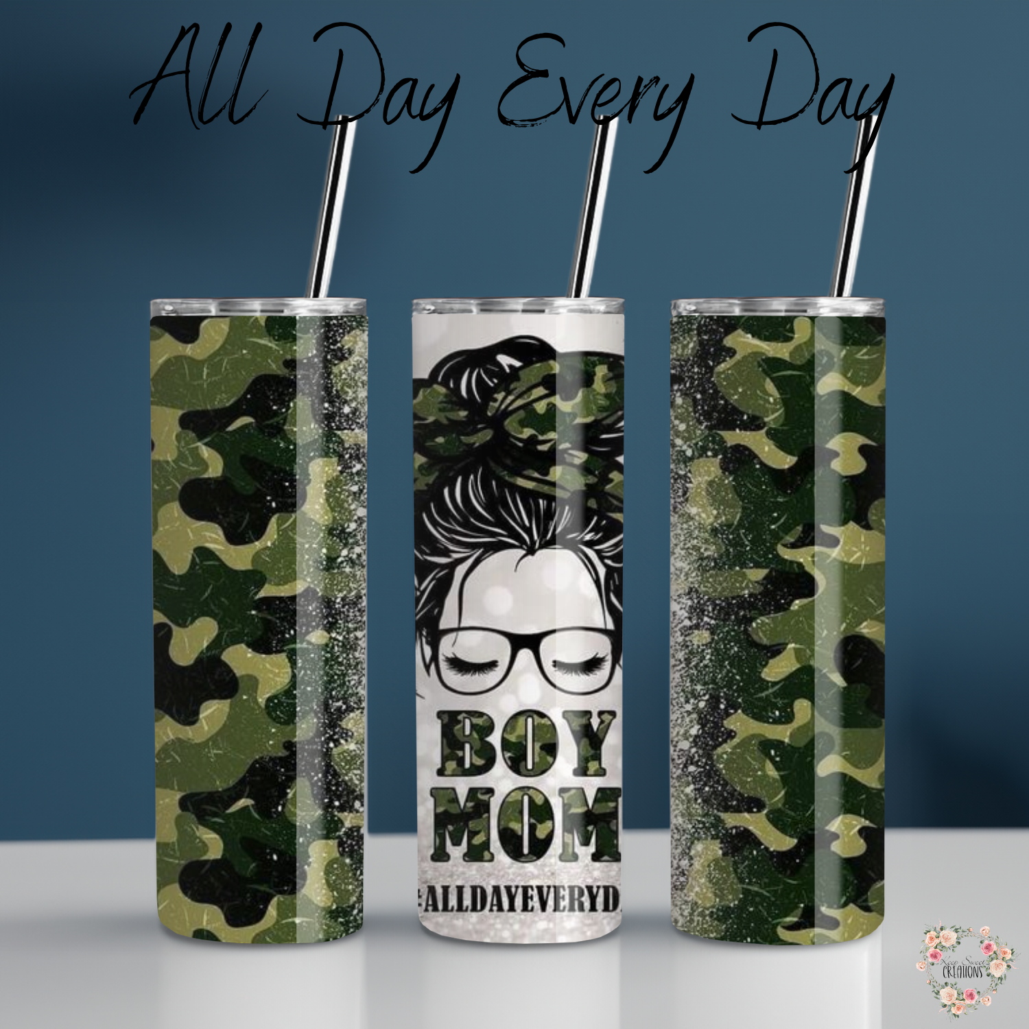 Boy Mom Tumbler – All Day Every Day | Messy Bun Mom Life Cup for Busy Moms