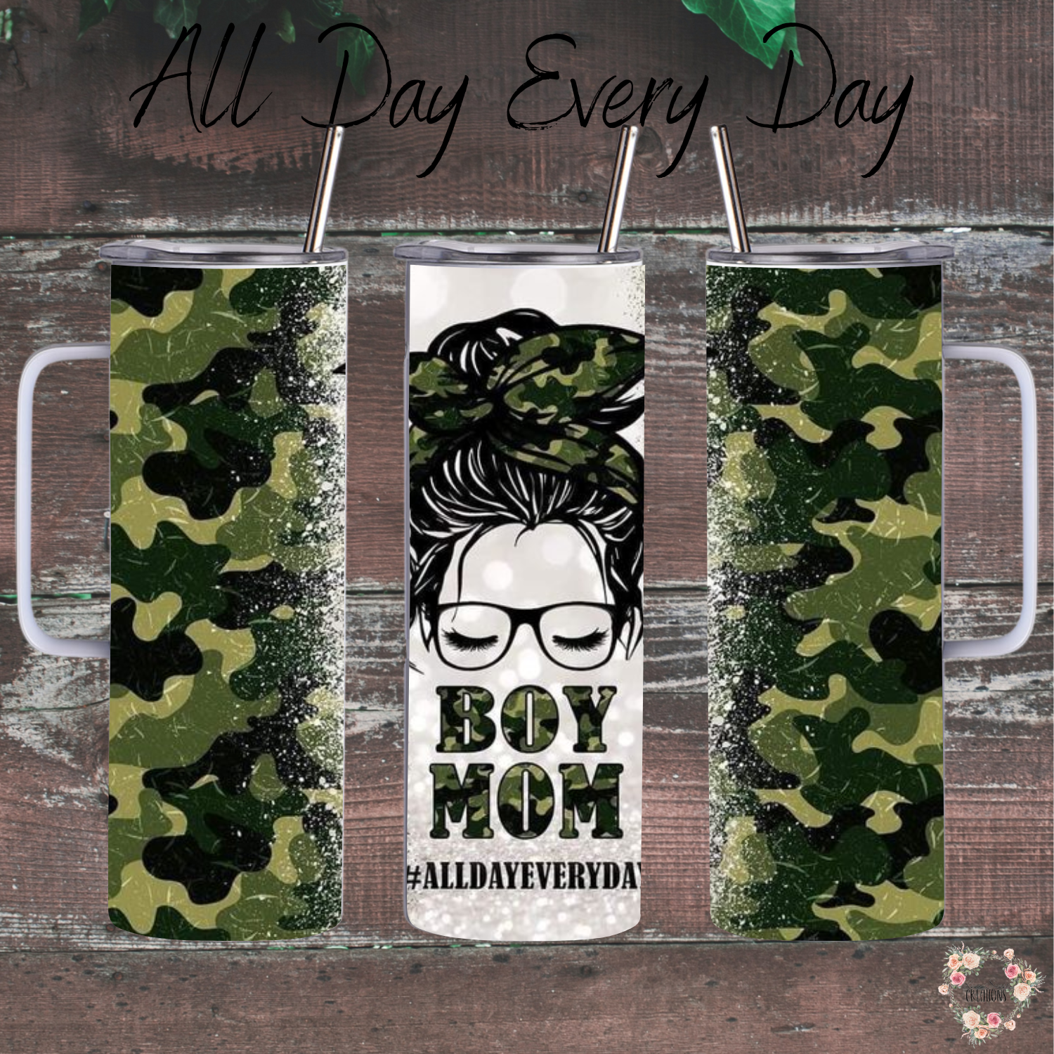 Boy Mom Tumbler – All Day Every Day | Messy Bun Mom Life Cup for Busy Moms