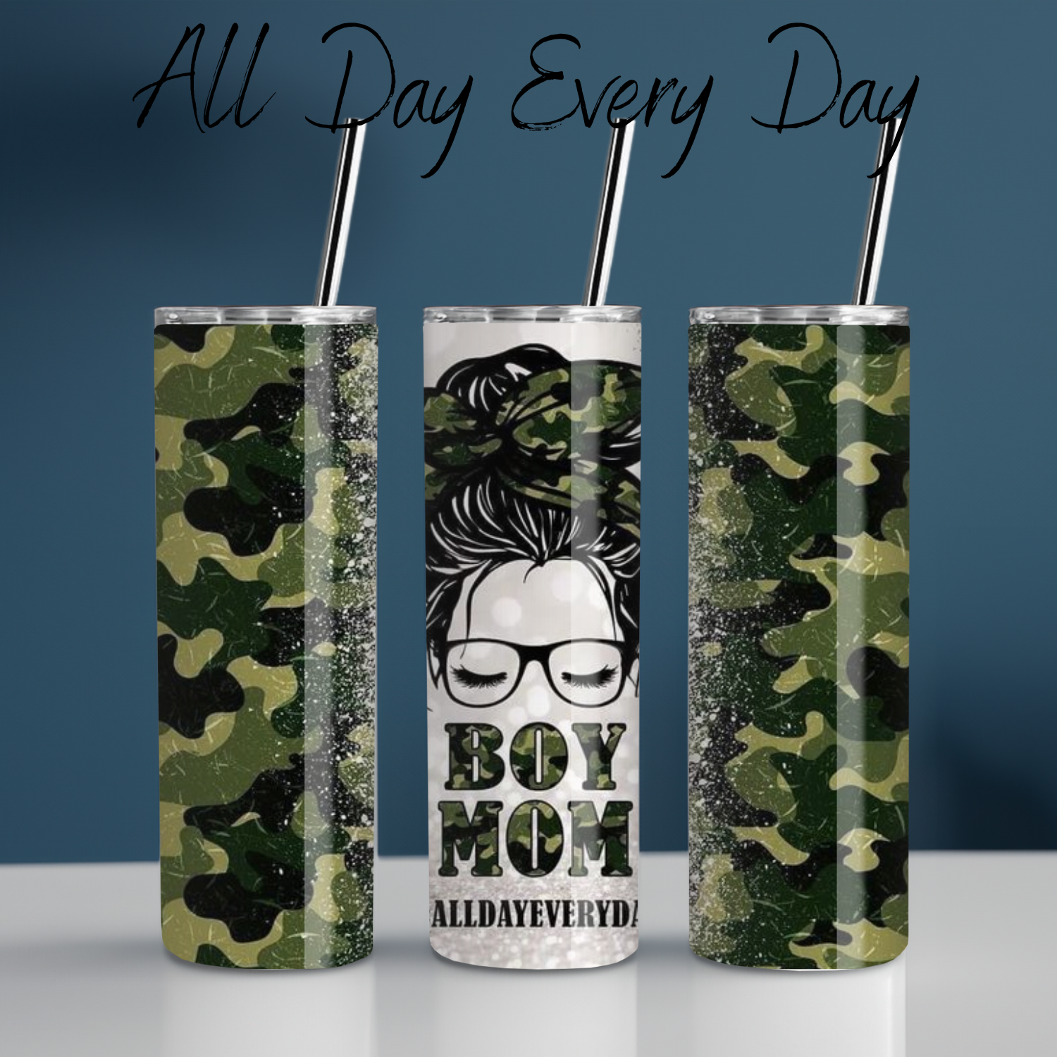 Boy Mom Tumbler – All Day Every Day | Messy Bun Mom Life Cup for Busy Moms