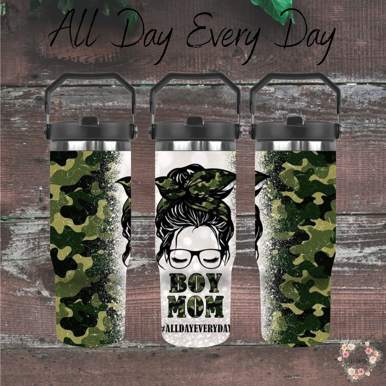 Boy Mom Tumbler – All Day Every Day | Messy Bun Mom Life Cup for Busy Moms