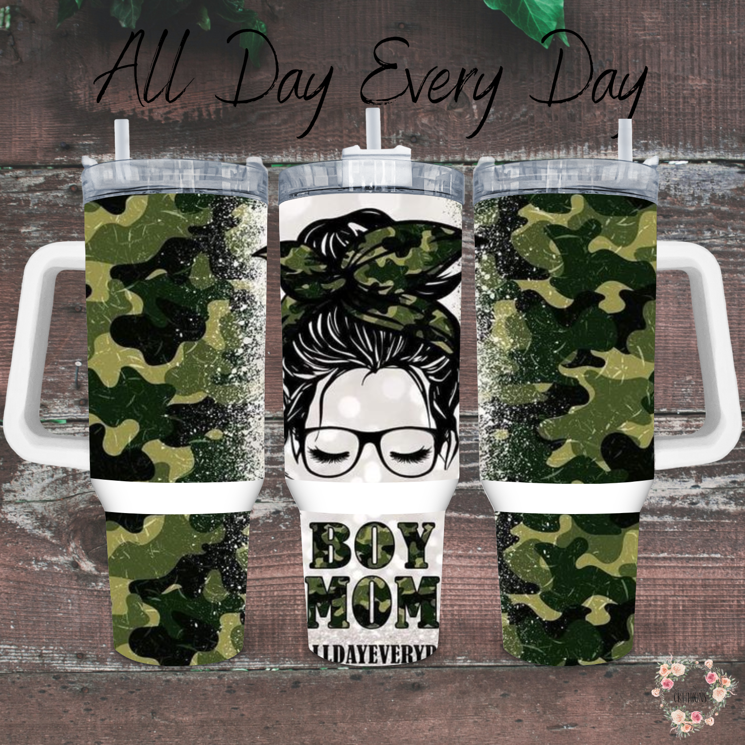 Boy Mom Tumbler – All Day Every Day | Messy Bun Mom Life Cup for Busy Moms