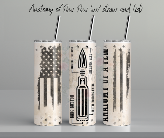 20 oz tumbler with ‘Anatomy of a Pew Pew’ diagram – funny gun lover gift with firearm parts labeled in black text.