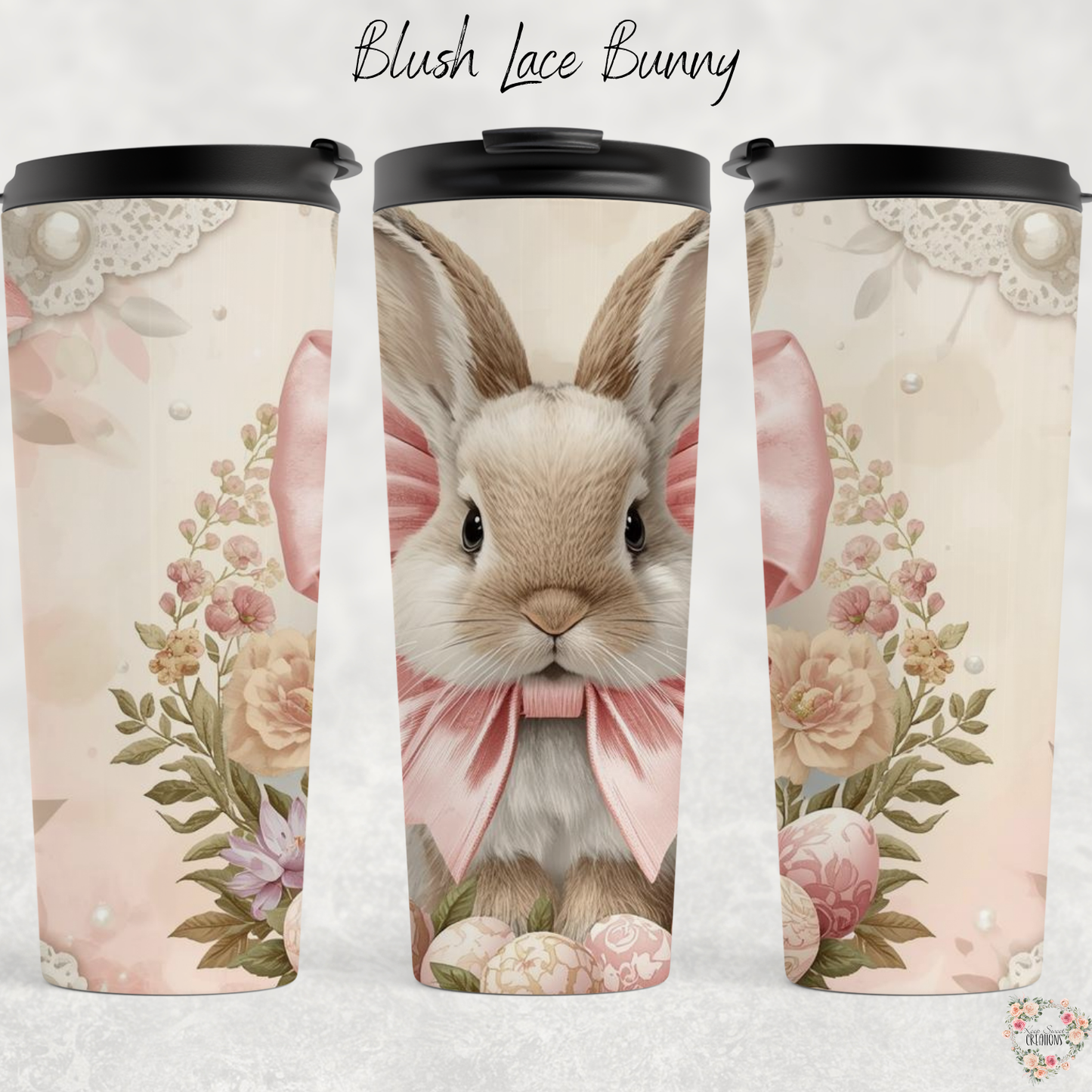 Blush Lace Bunny Tumbler | Vintage Floral Easter Bunny Cup (11–32 oz)
