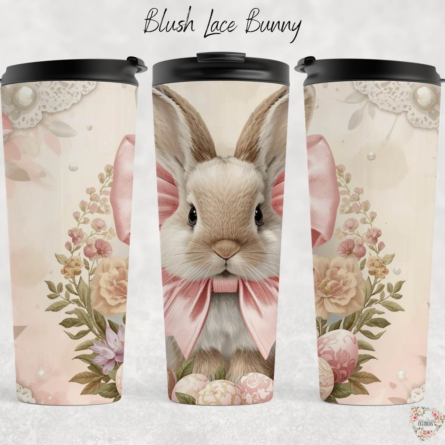 Blush Lace Bunny Tumbler | Vintage Floral Easter Bunny Cup (11–32 oz)