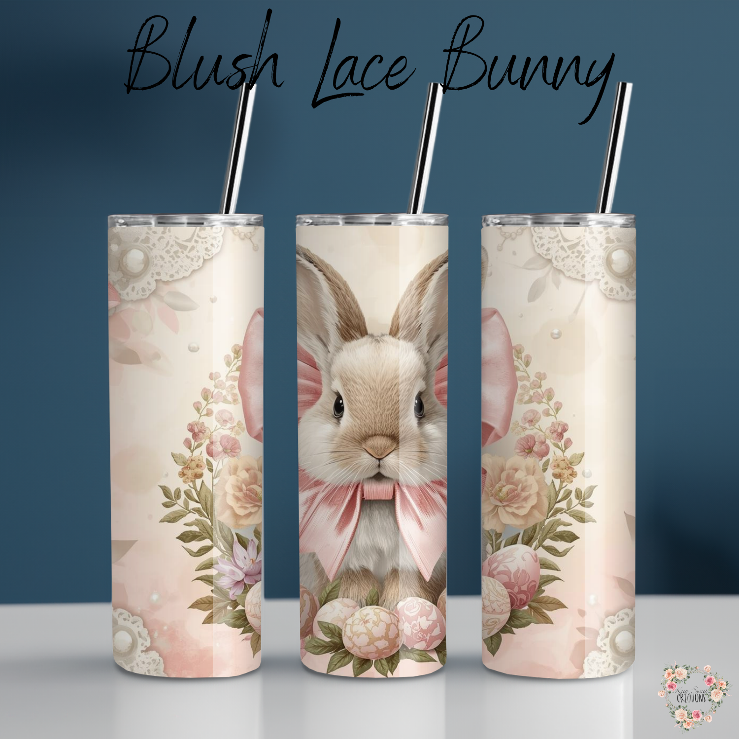 Blush Lace Bunny Tumbler | Vintage Floral Easter Bunny Cup (11–32 oz)