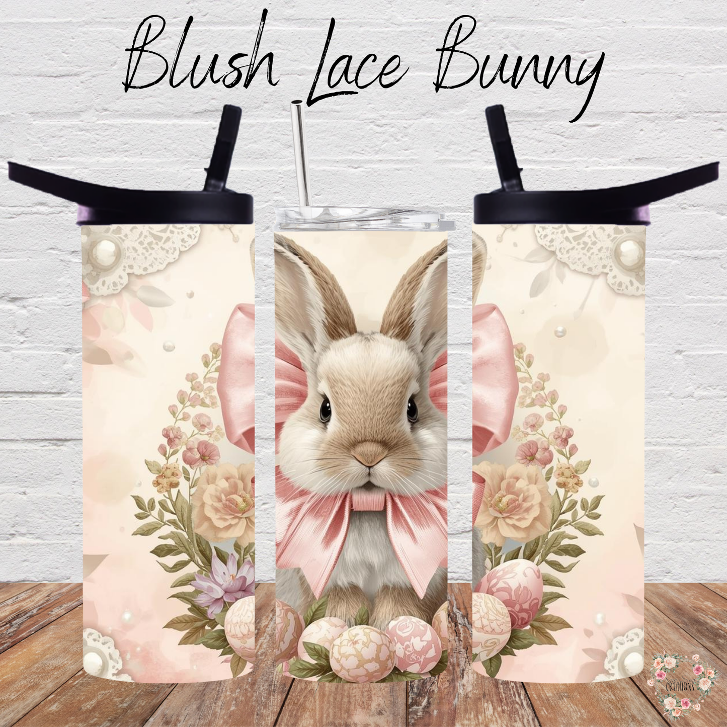 Blush Lace Bunny Tumbler | Vintage Floral Easter Bunny Cup (11–32 oz)