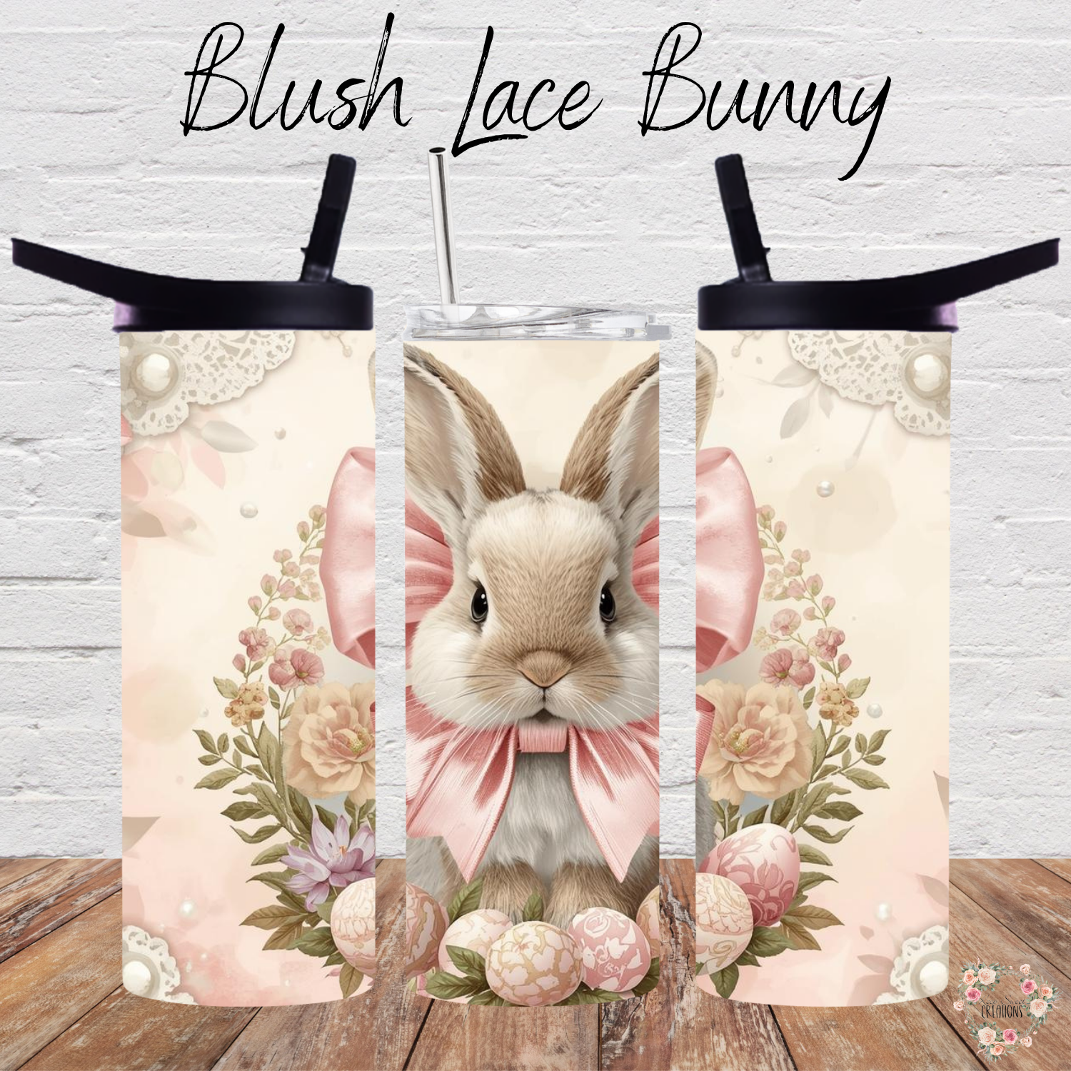 Blush Lace Bunny Tumbler | Vintage Floral Easter Bunny Cup (11–32 oz)