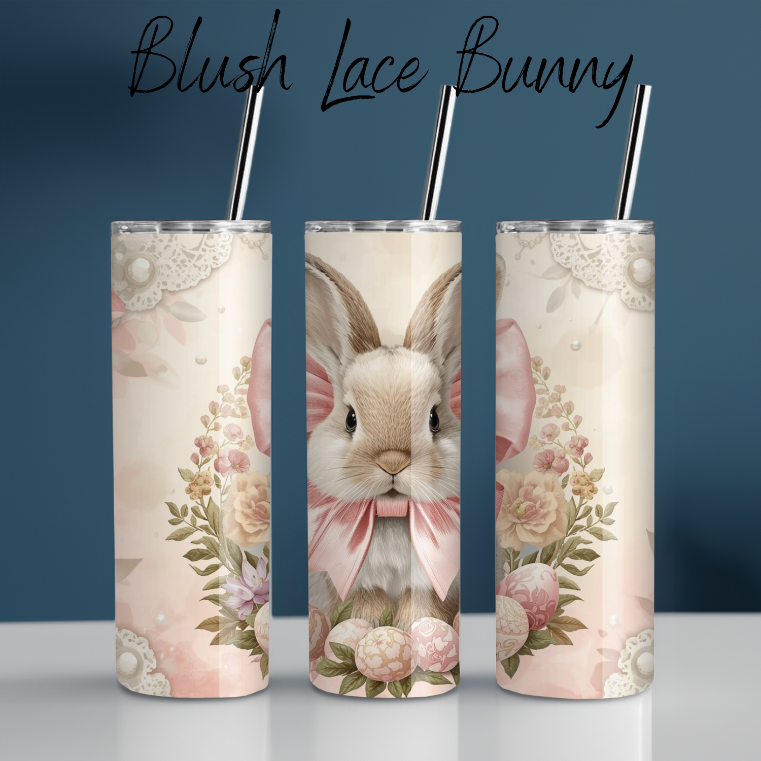 Blush Lace Bunny Tumbler | Vintage Floral Easter Bunny Cup (11–32 oz)