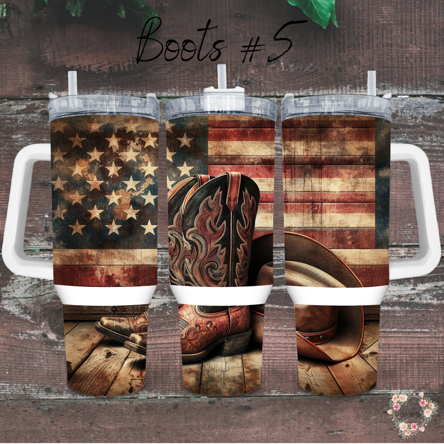 Patriotic Cowboy Boot Tumbler – Rustic Hat & Distressed Flag Design (Cowboy Boots #5)