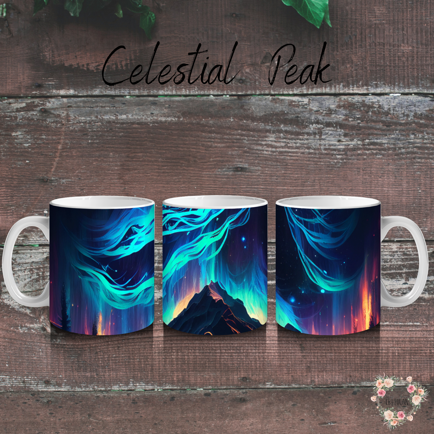 Northern Lights tumbler with aurora borealis and mountain landscape design – insulated stainless steel drinkware for hot and cold beverages.