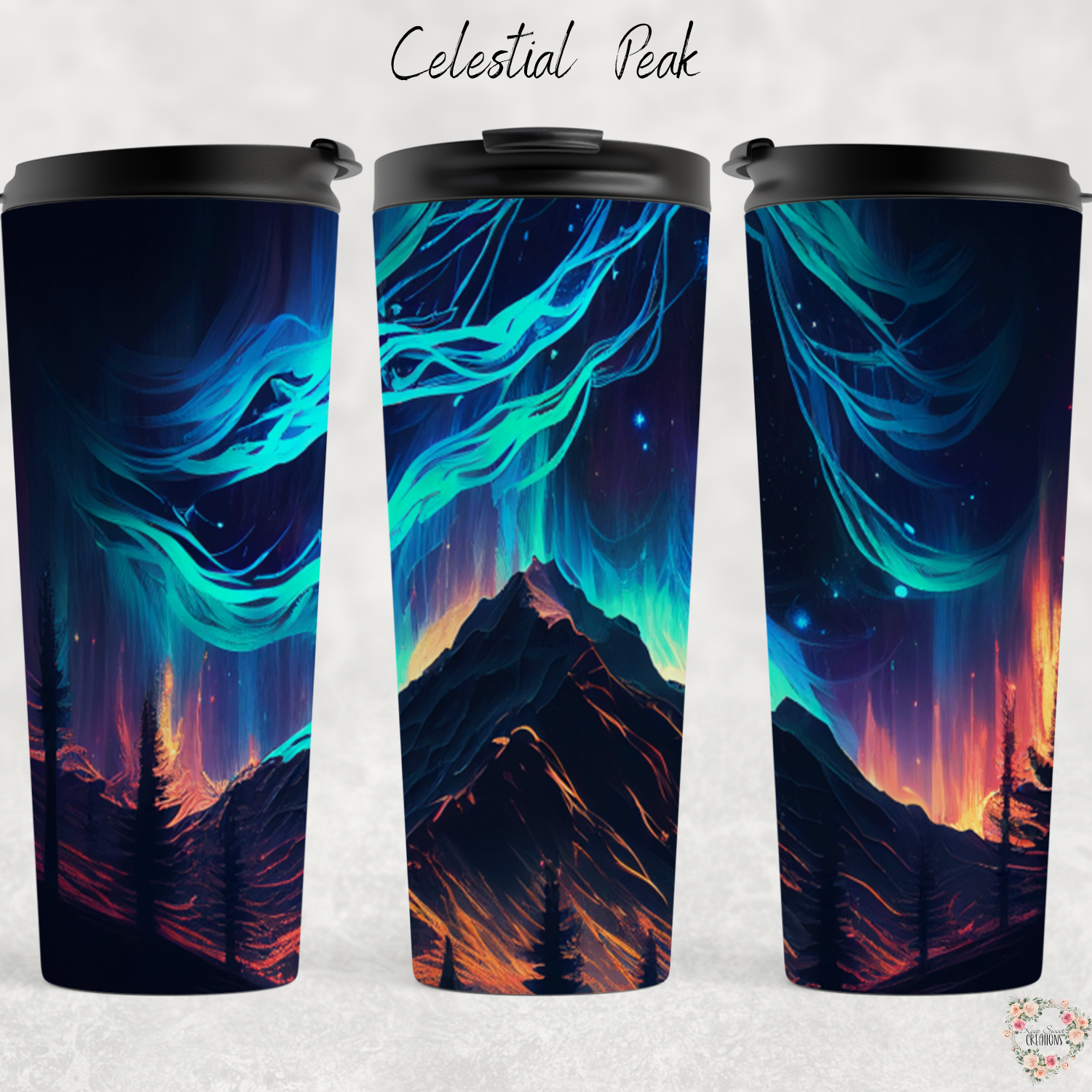 Northern Lights tumbler with aurora borealis and mountain landscape design – insulated stainless steel drinkware for hot and cold beverages.