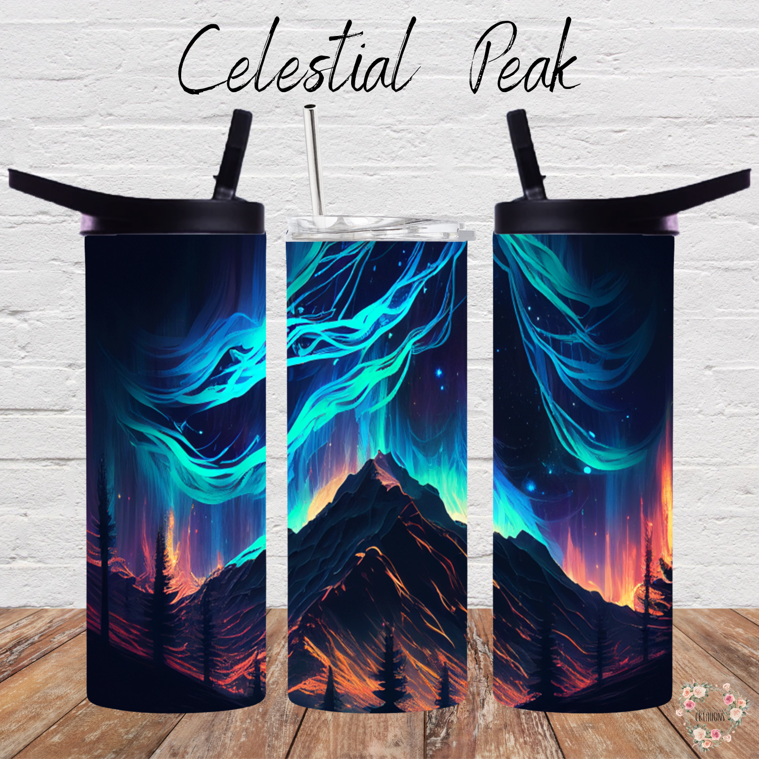Northern Lights tumbler with aurora borealis and mountain landscape design – insulated stainless steel drinkware for hot and cold beverages.
