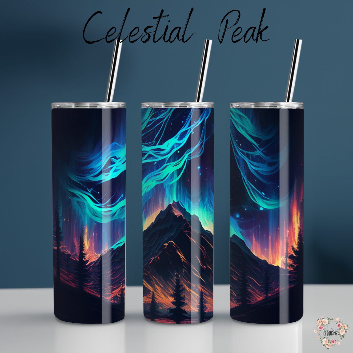 Northern Lights tumbler with aurora borealis and mountain landscape design – insulated stainless steel drinkware for hot and cold beverages.