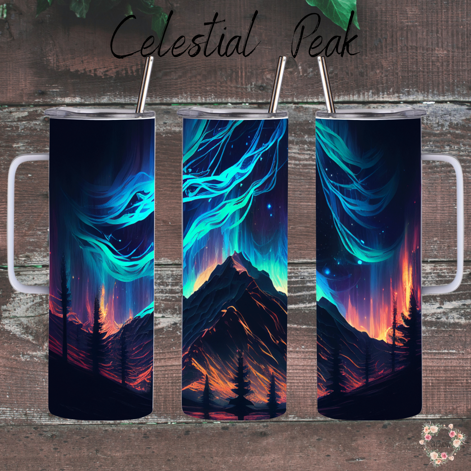 Northern Lights tumbler with aurora borealis and mountain landscape design – insulated stainless steel drinkware for hot and cold beverages.