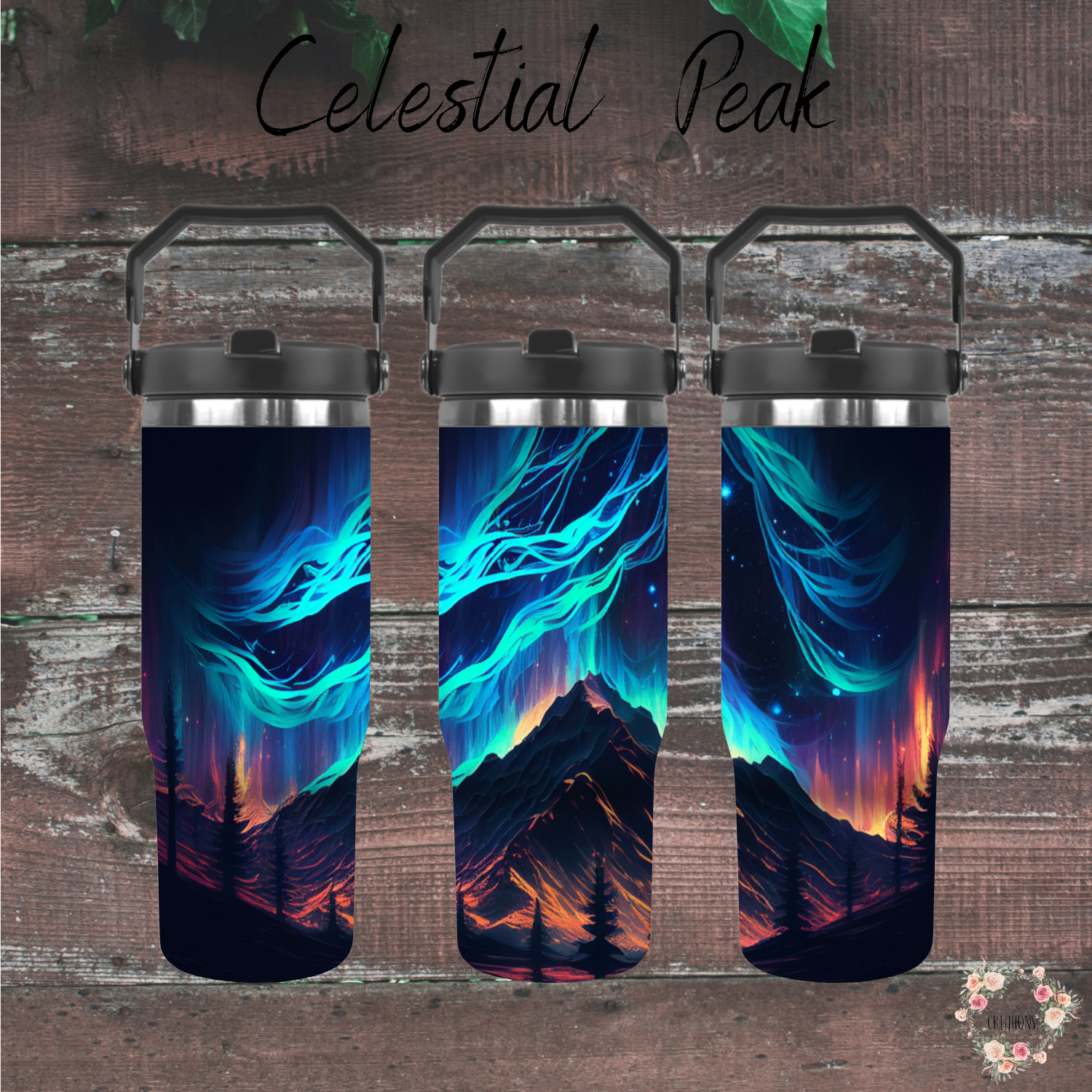 Northern Lights tumbler with aurora borealis and mountain landscape design – insulated stainless steel drinkware for hot and cold beverages.
