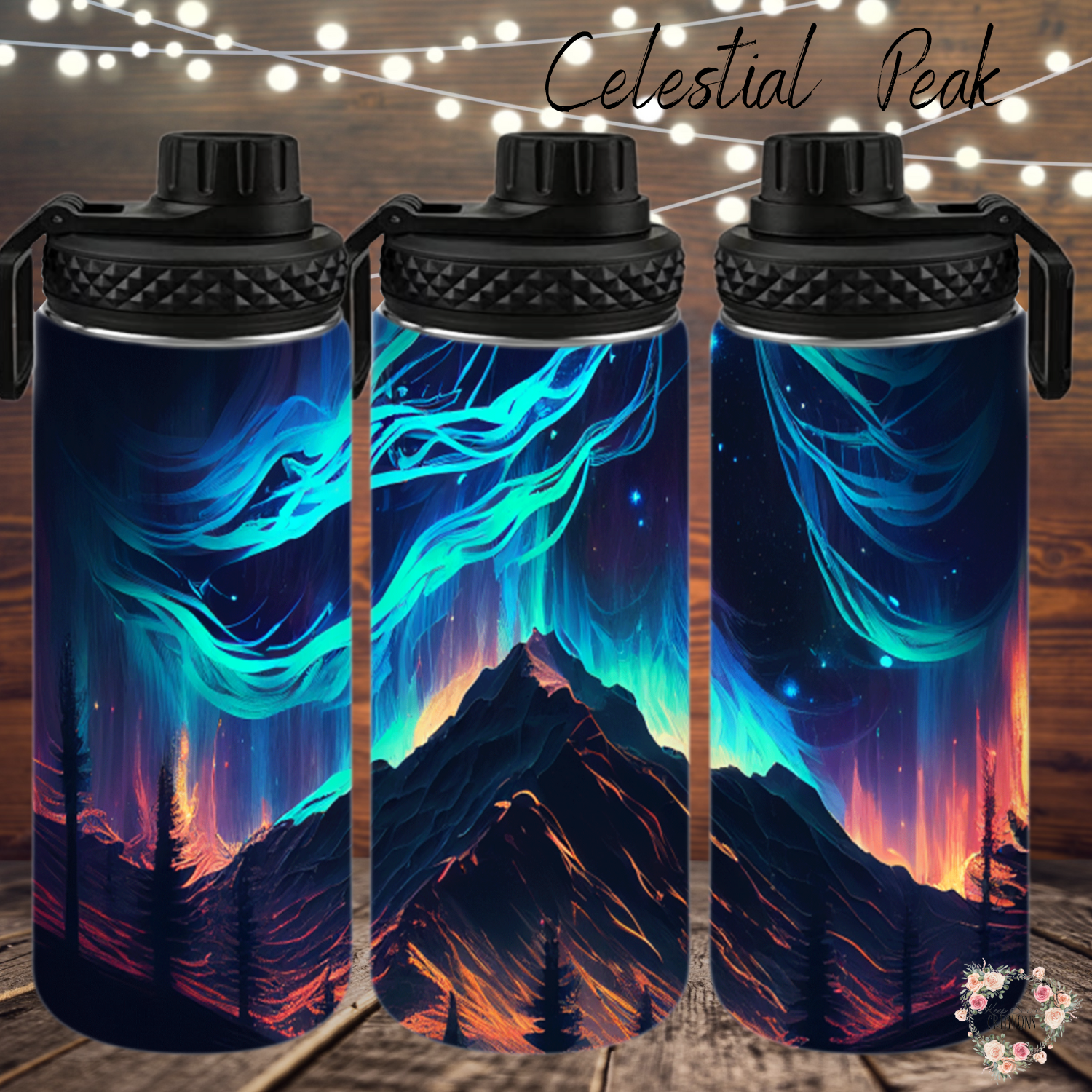 Northern Lights tumbler with aurora borealis and mountain landscape design – insulated stainless steel drinkware for hot and cold beverages.