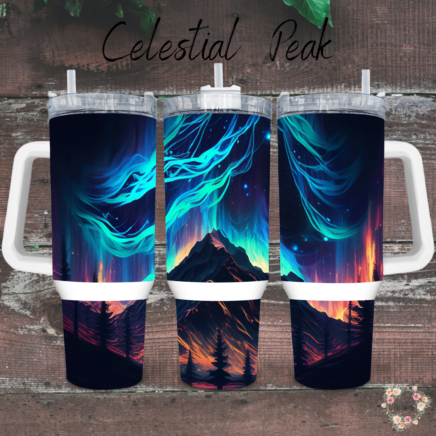 Northern Lights tumbler with aurora borealis and mountain landscape design – insulated stainless steel drinkware for hot and cold beverages.