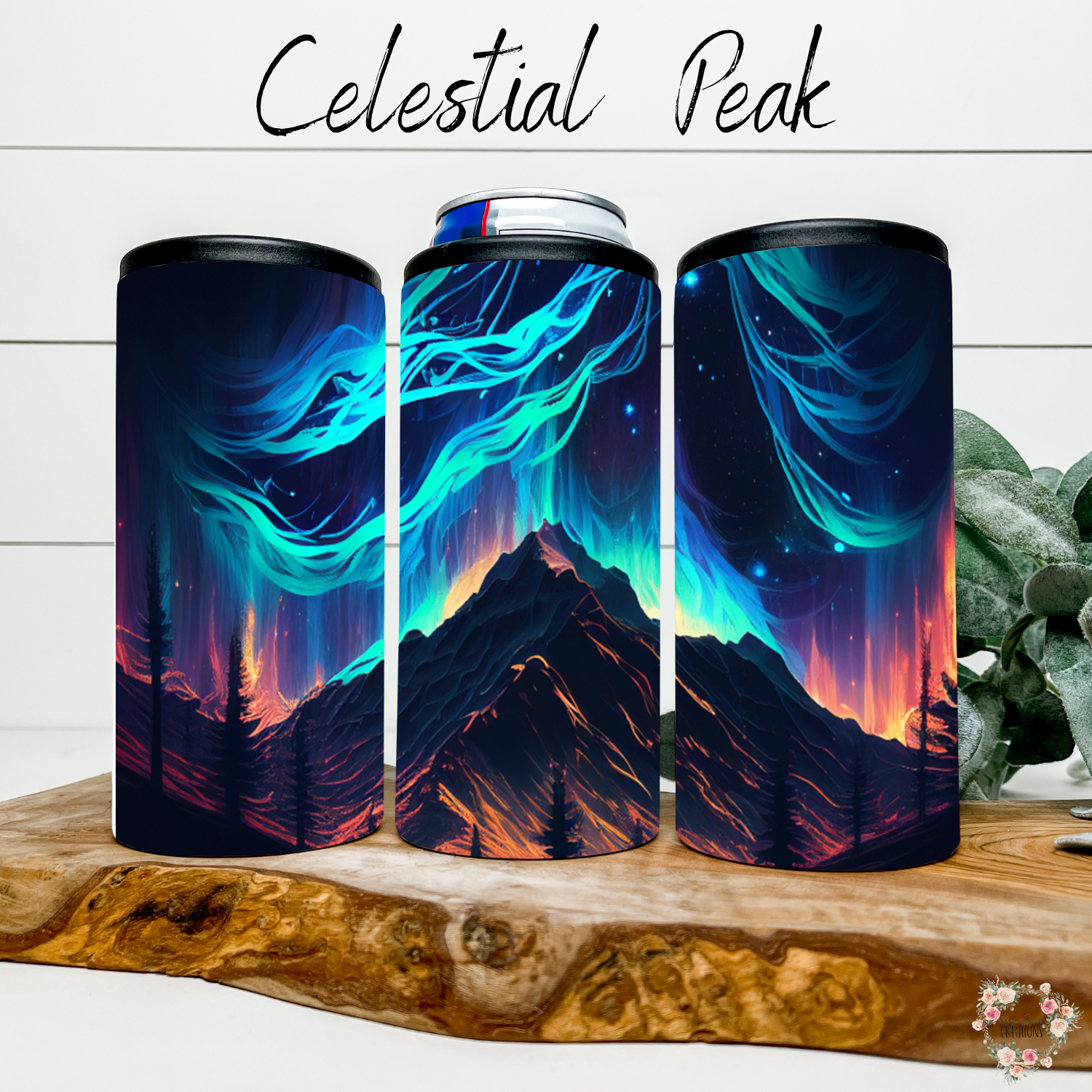 Northern Lights tumbler with aurora borealis and mountain landscape design – insulated stainless steel drinkware for hot and cold beverages.