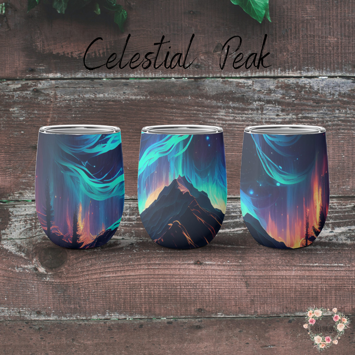 Northern Lights tumbler with aurora borealis and mountain landscape design – insulated stainless steel drinkware for hot and cold beverages.