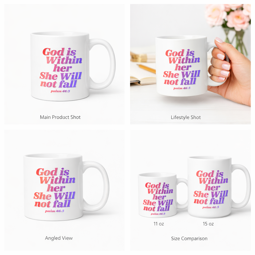 God Is Within Her She Will Not Fall Mug | Psalm 46:5 Coffee Cup | Christian Gift for Women (11oz–15oz)