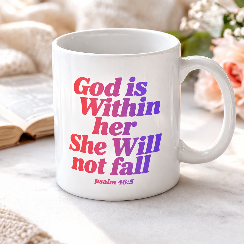 God Is Within Her She Will Not Fall Mug | Psalm 46:5 Coffee Cup | Christian Gift for Women (11oz–15oz)