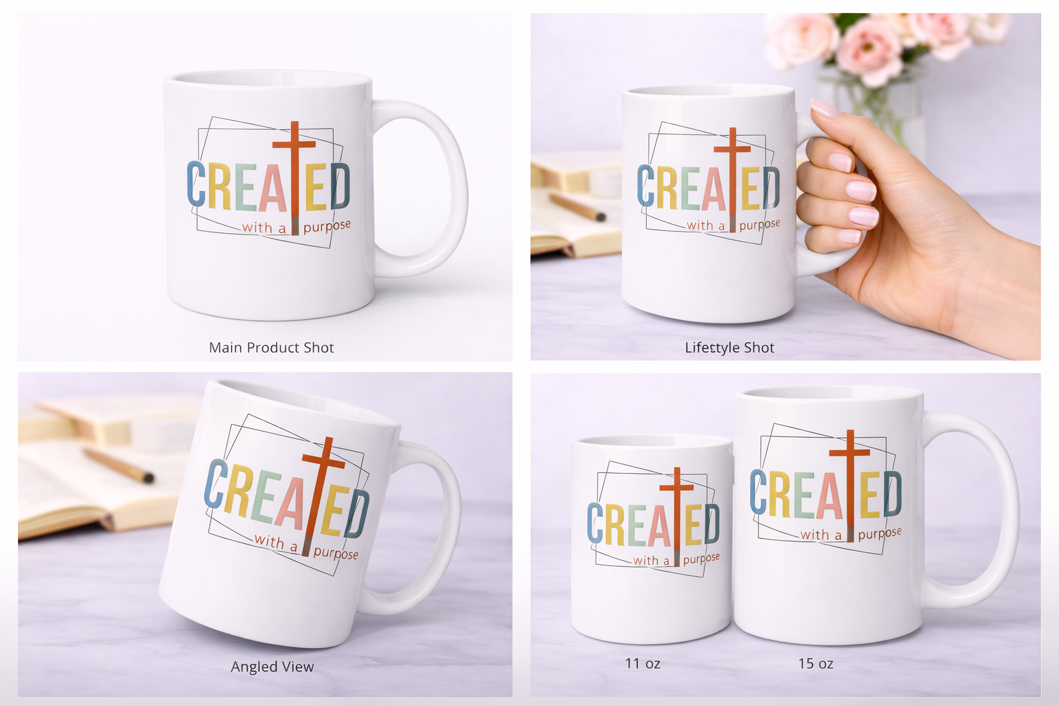 Created With a Purpose Mug | Christian Coffee Cup with Cross Design (11–15 oz)