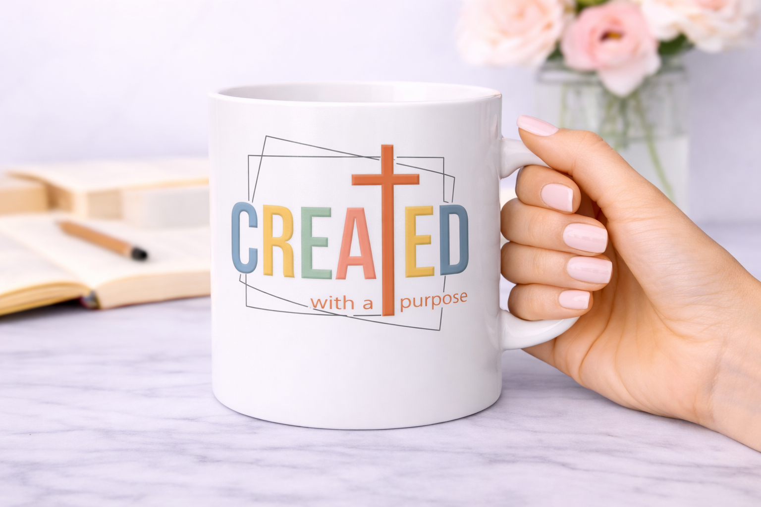 Created With a Purpose Mug | Christian Coffee Cup with Cross Design (11–15 oz)