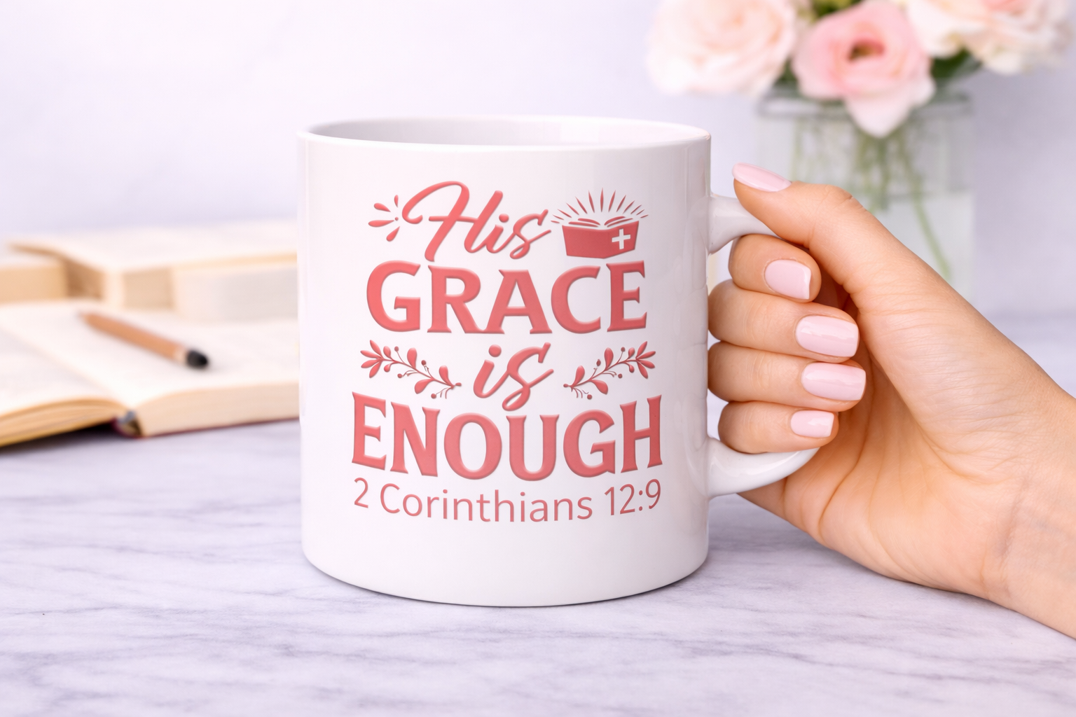 His Grace Is Enough Mug | 2 Corinthians 12:9 Christian Coffee Cup | Faith Encouragement Gift (11oz–15oz)