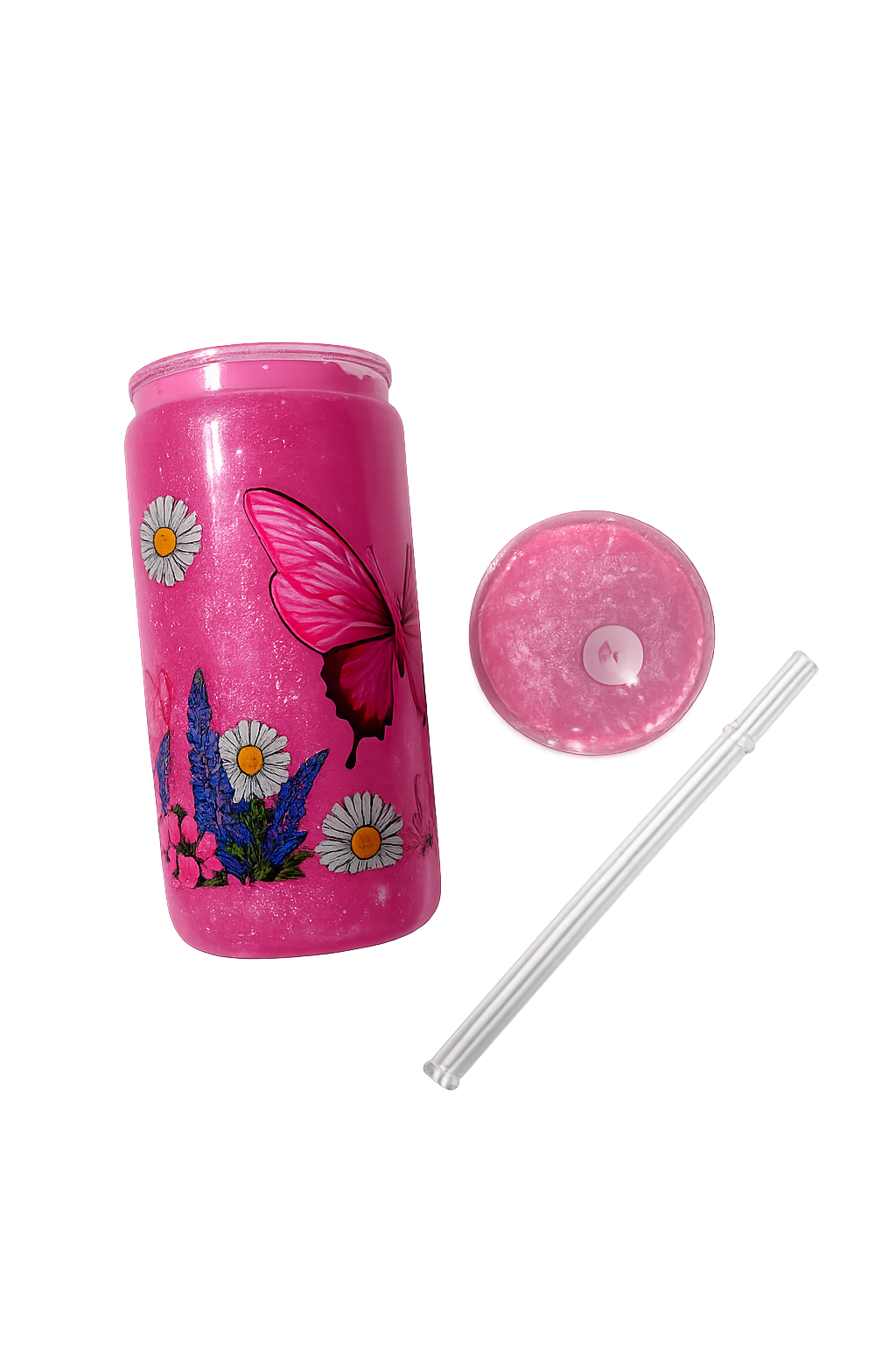 Pink Cat Eye Butterfly Snowglobe Tumbler | Pink Glitter Butterfly Cup (14oz.)