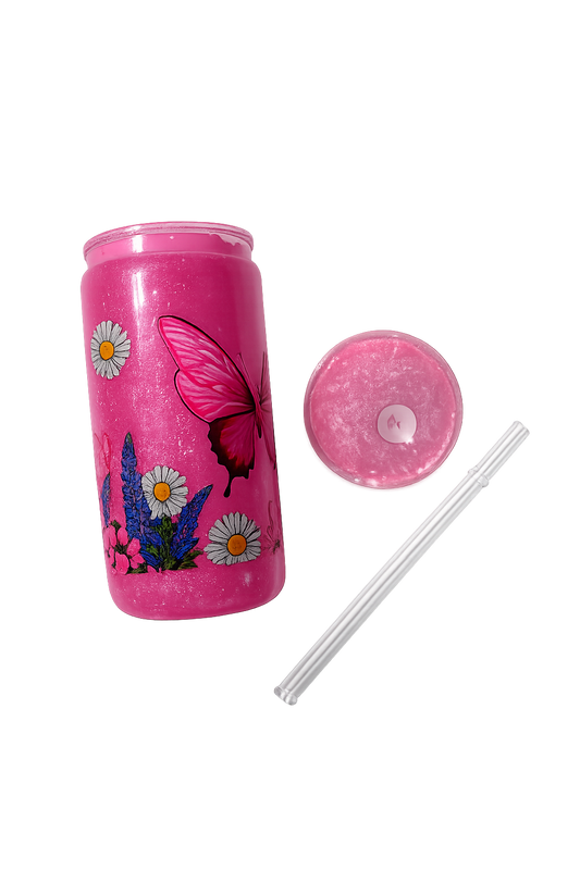 Pink Cat Eye Butterfly Snowglobe Tumbler | Pink Glitter Butterfly Cup (14oz.)