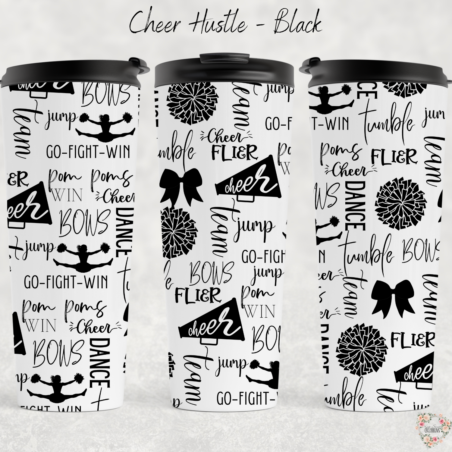 Cheer Hustle Tumbler – Black & White | Cheerleader, Dance, & Coach Gift | Insulated Travel Mug & Water Bottle