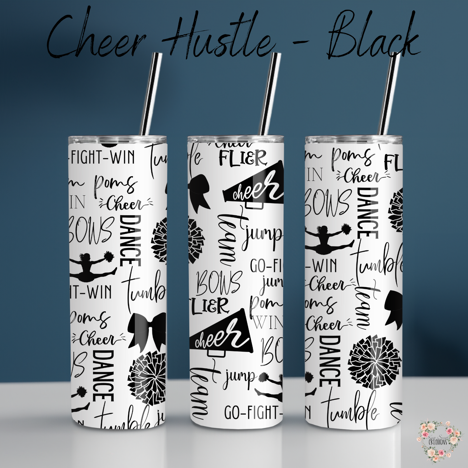 Cheer Hustle Tumbler – Black & White | Cheerleader, Dance, & Coach Gift | Insulated Travel Mug & Water Bottle