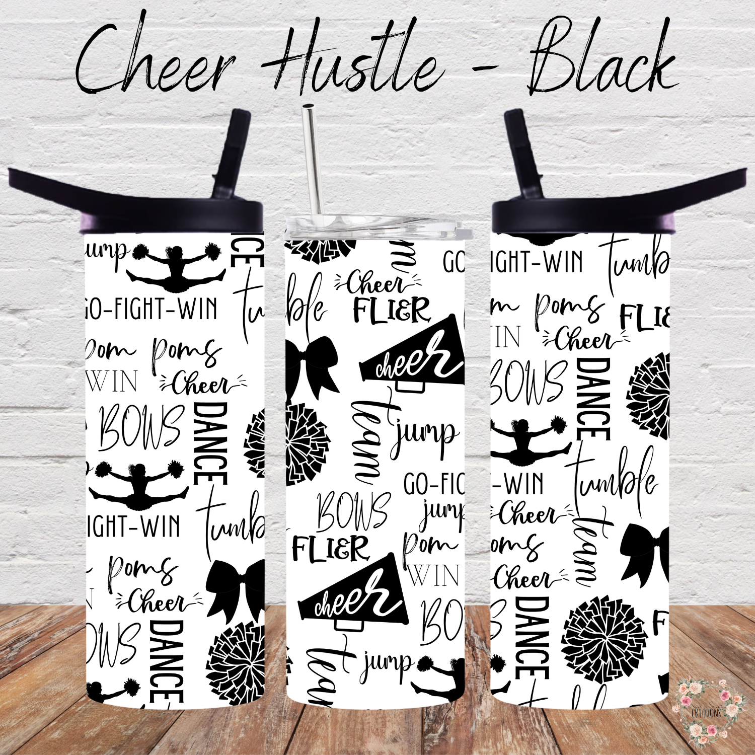 Cheer Hustle Tumbler – Black & White | Cheerleader, Dance, & Coach Gift | Insulated Travel Mug & Water Bottle