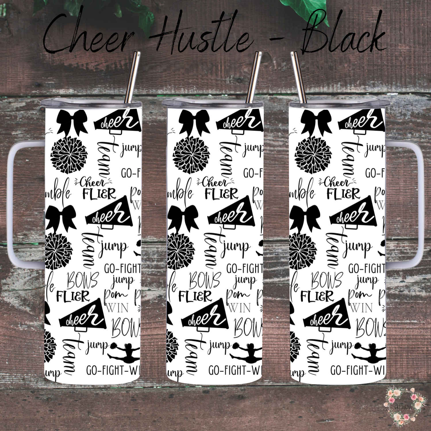 Cheer Hustle Tumbler – Black & White | Cheerleader, Dance, & Coach Gift | Insulated Travel Mug & Water Bottle