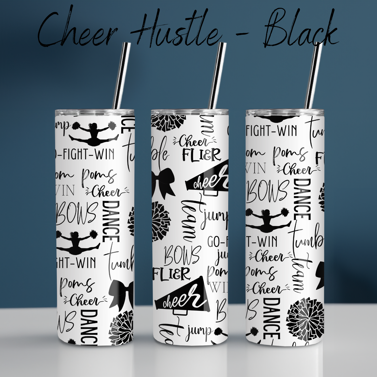 Cheer Hustle Tumbler – Black & White | Cheerleader, Dance, & Coach Gift | Insulated Travel Mug & Water Bottle