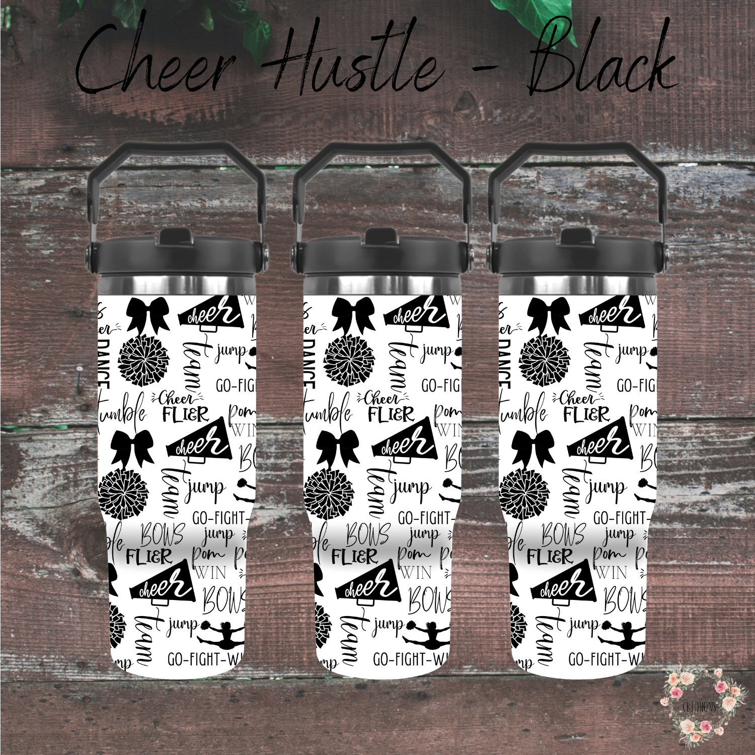 Cheer Hustle Tumbler – Black & White | Cheerleader, Dance, & Coach Gift | Insulated Travel Mug & Water Bottle