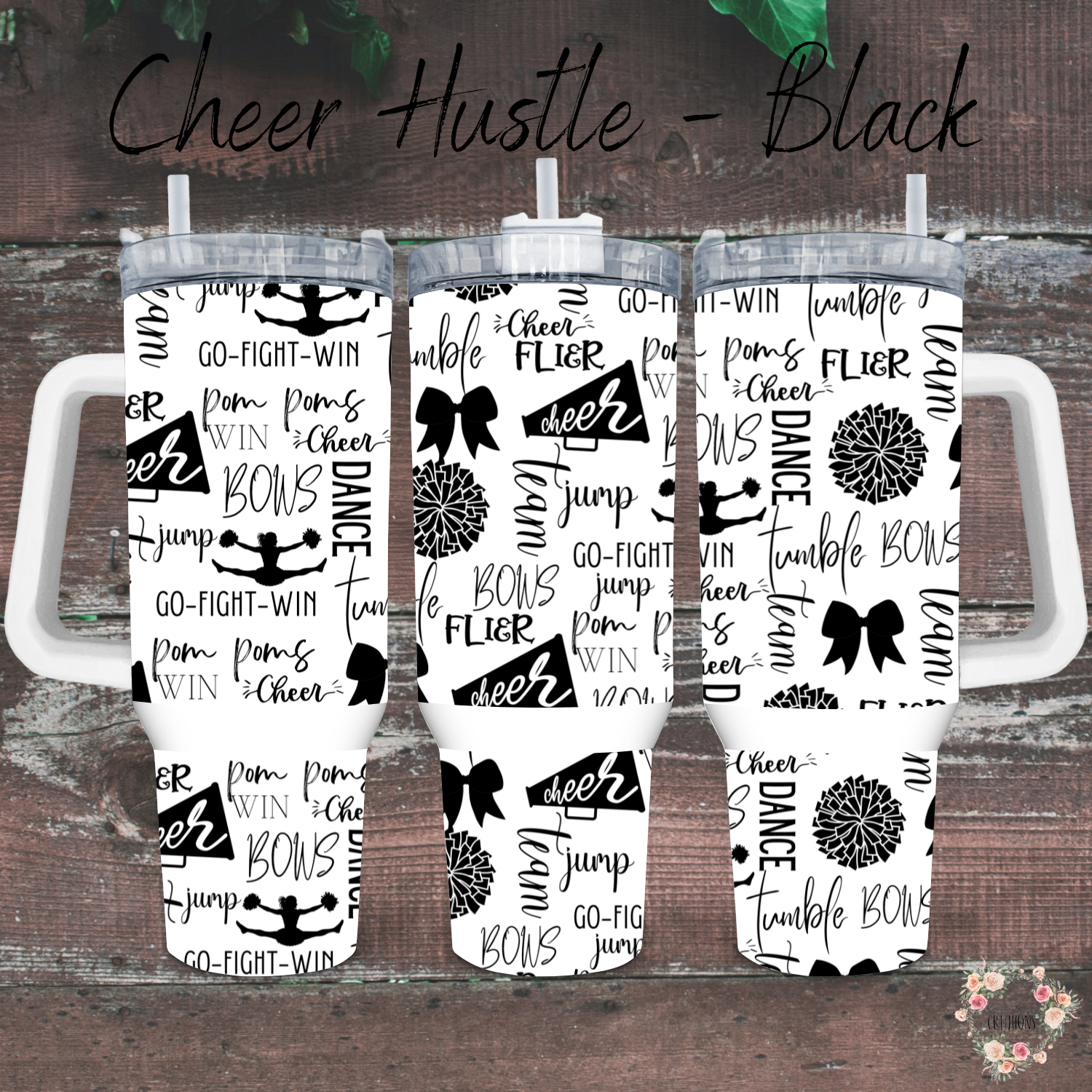 Cheer Hustle Tumbler – Black & White | Cheerleader, Dance, & Coach Gift | Insulated Travel Mug & Water Bottle