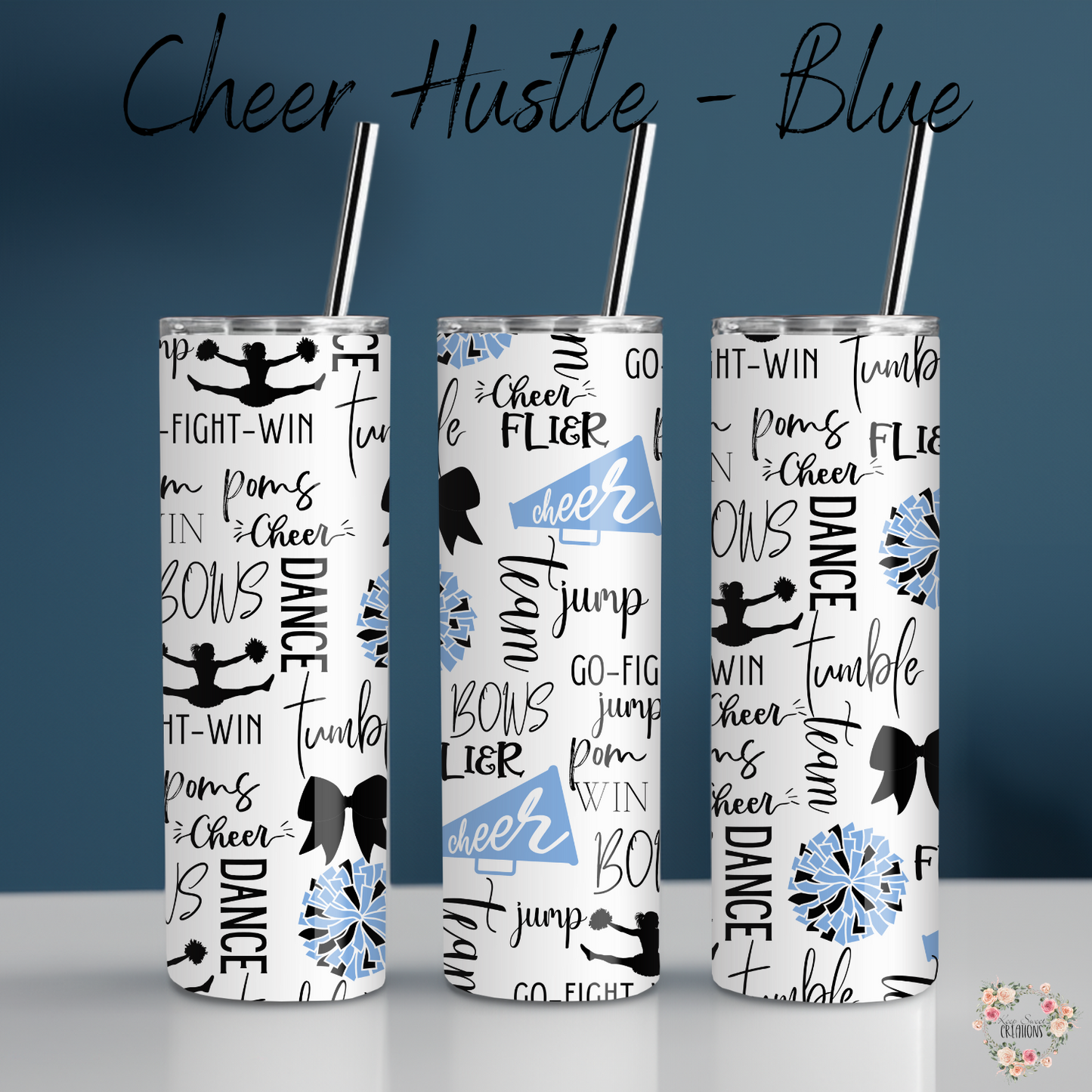 Cheer Hustle Tumbler – Black & Blue | Cheerleader, Dance, & Coach Gift | Insulated Travel Mug & Water Bottle