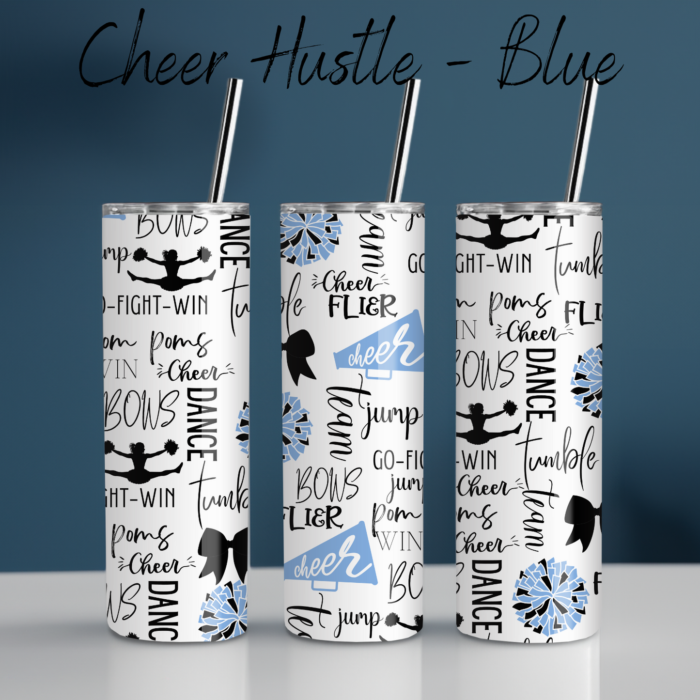 Cheer Hustle Tumbler – Black & Blue | Cheerleader, Dance, & Coach Gift | Insulated Travel Mug & Water Bottle