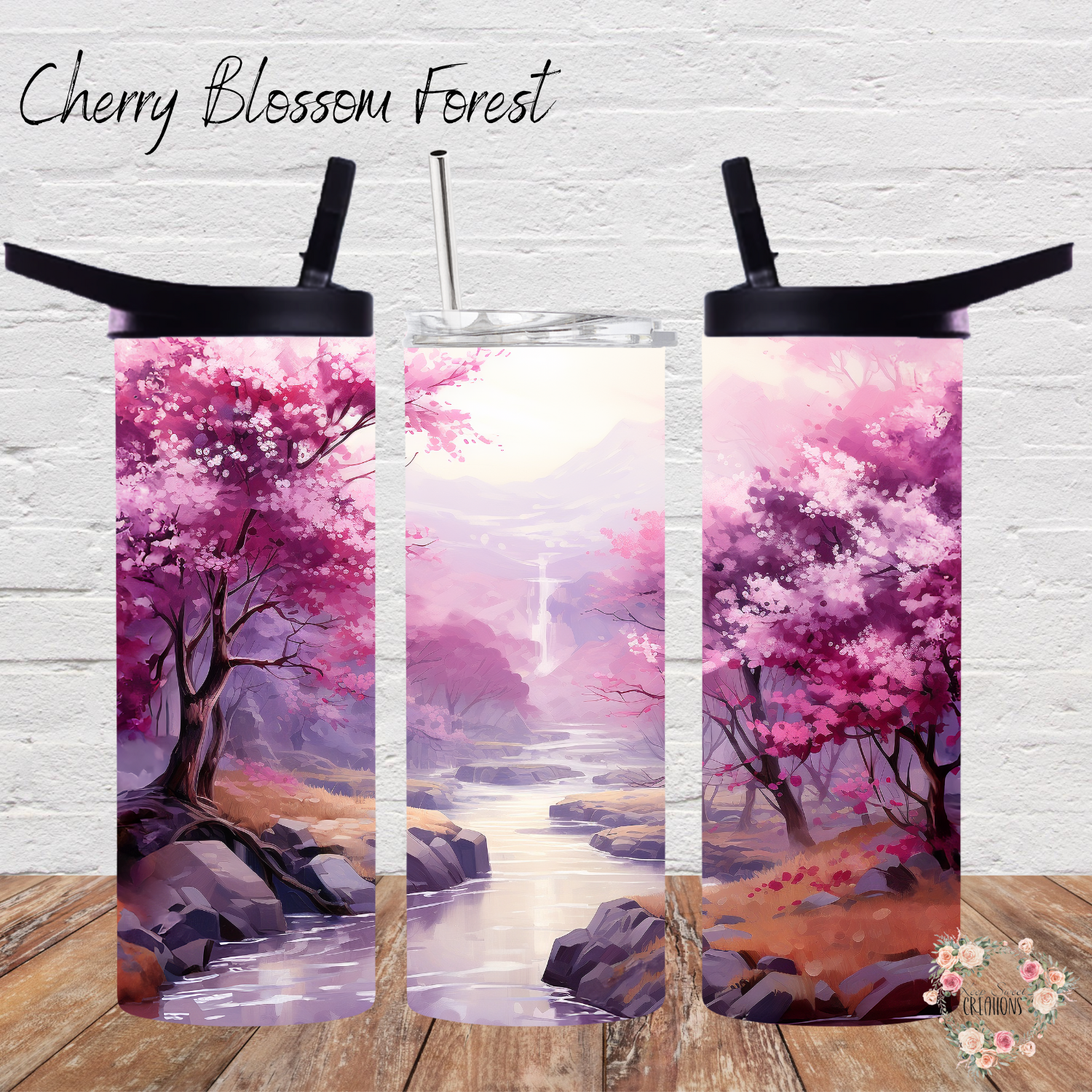 cherry blossom themed tumblers with a pink and purple artistic design, 
