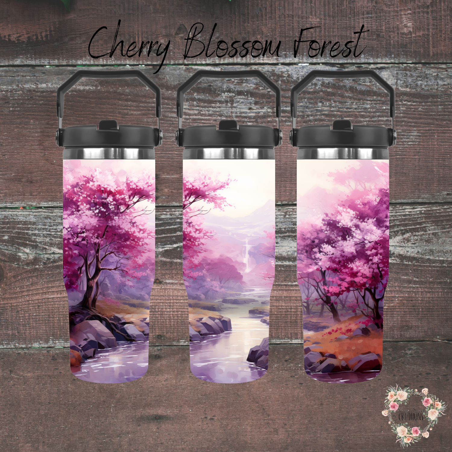cherry blossom themed tumblers with a pink and purple artistic design.