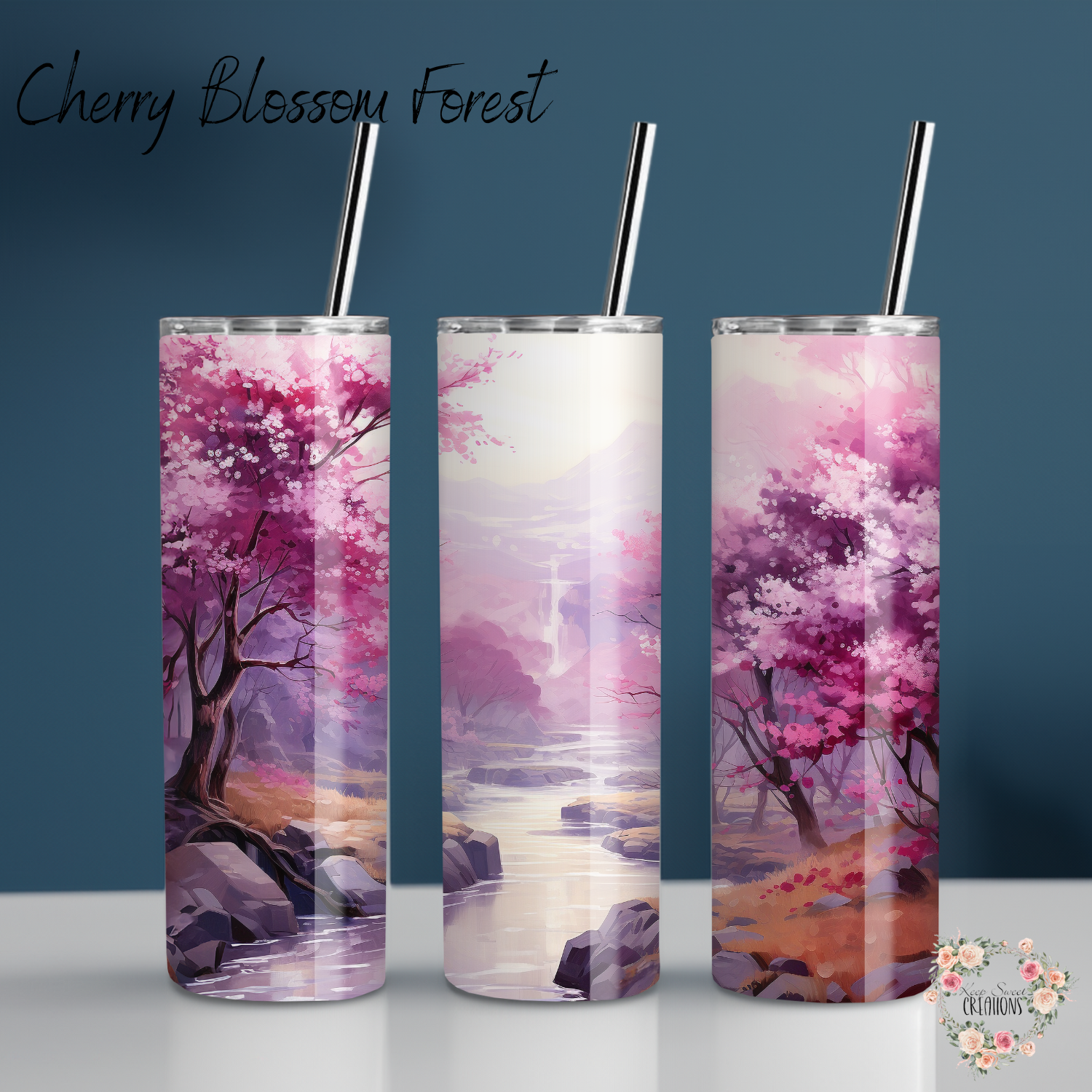 cherry blossom themed tumblers with a pink and purple artistic design