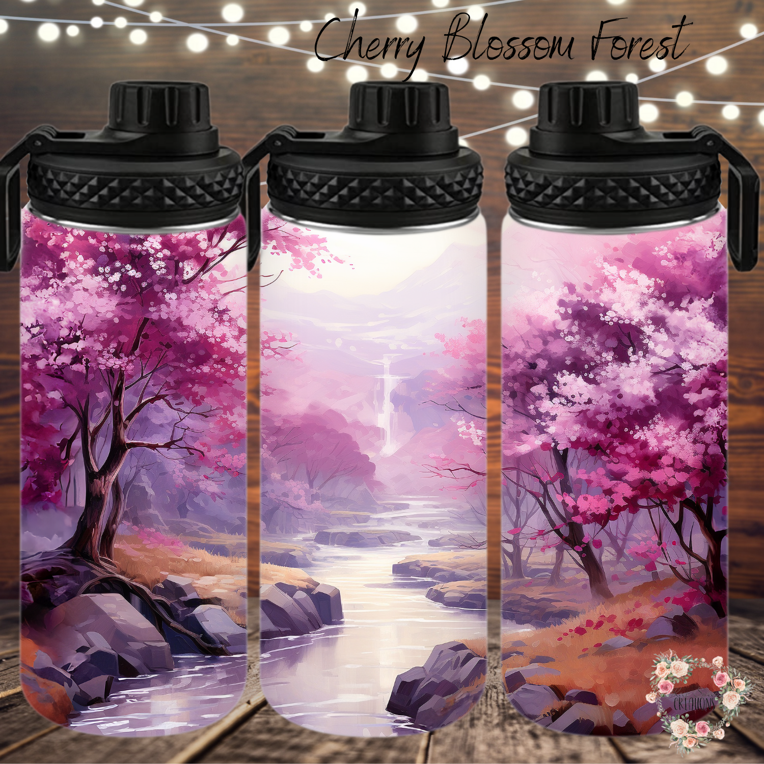 cherry blossom themed tumblers with a pink and purple artistic design.