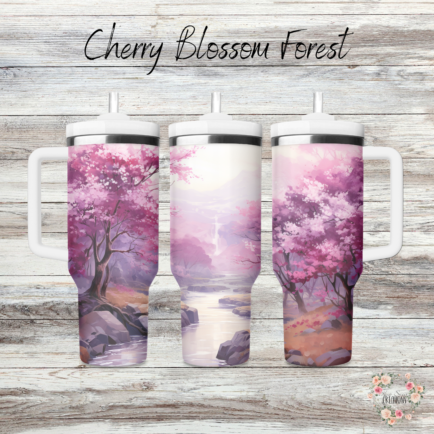 cherry blossom themed tumblers with a pink and purple artistic design.