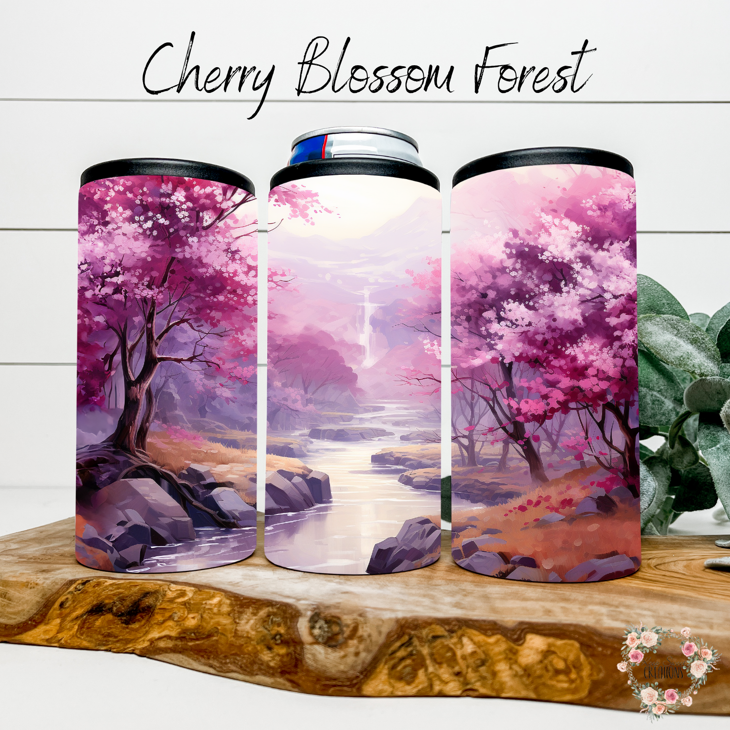 cherry blossom themed tumblers with a pink and purple artistic design.