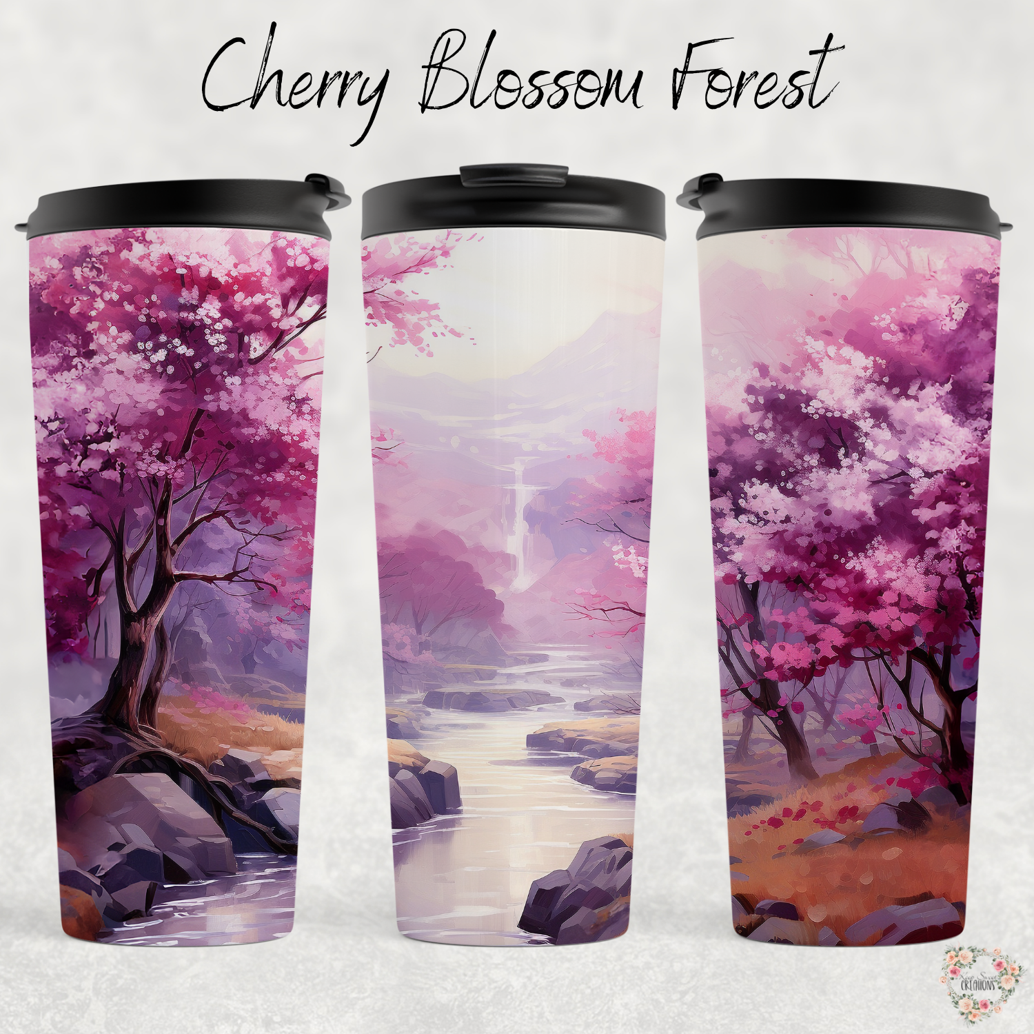 cherry blossom themed tumblers with a pink and purple artistic design.