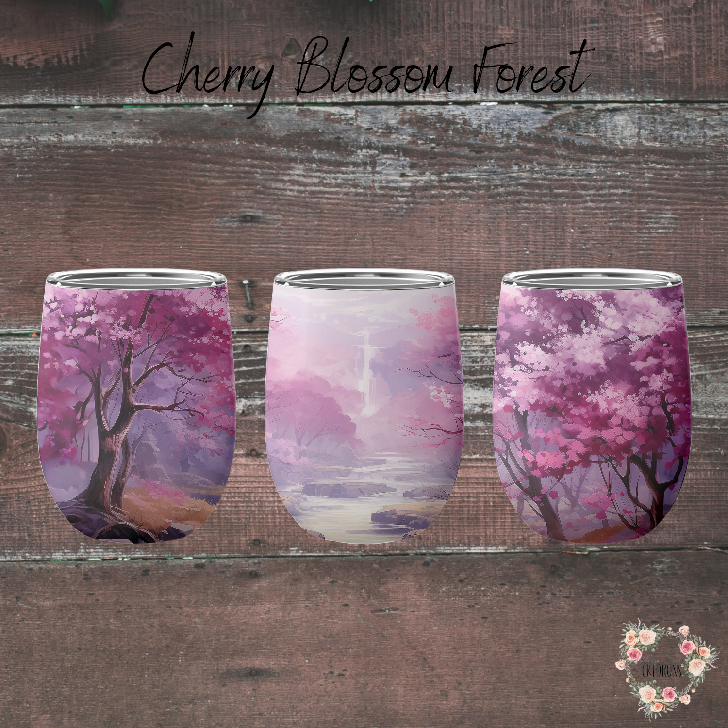 cherry blossom themed tumblers with a pink and purple artistic design.