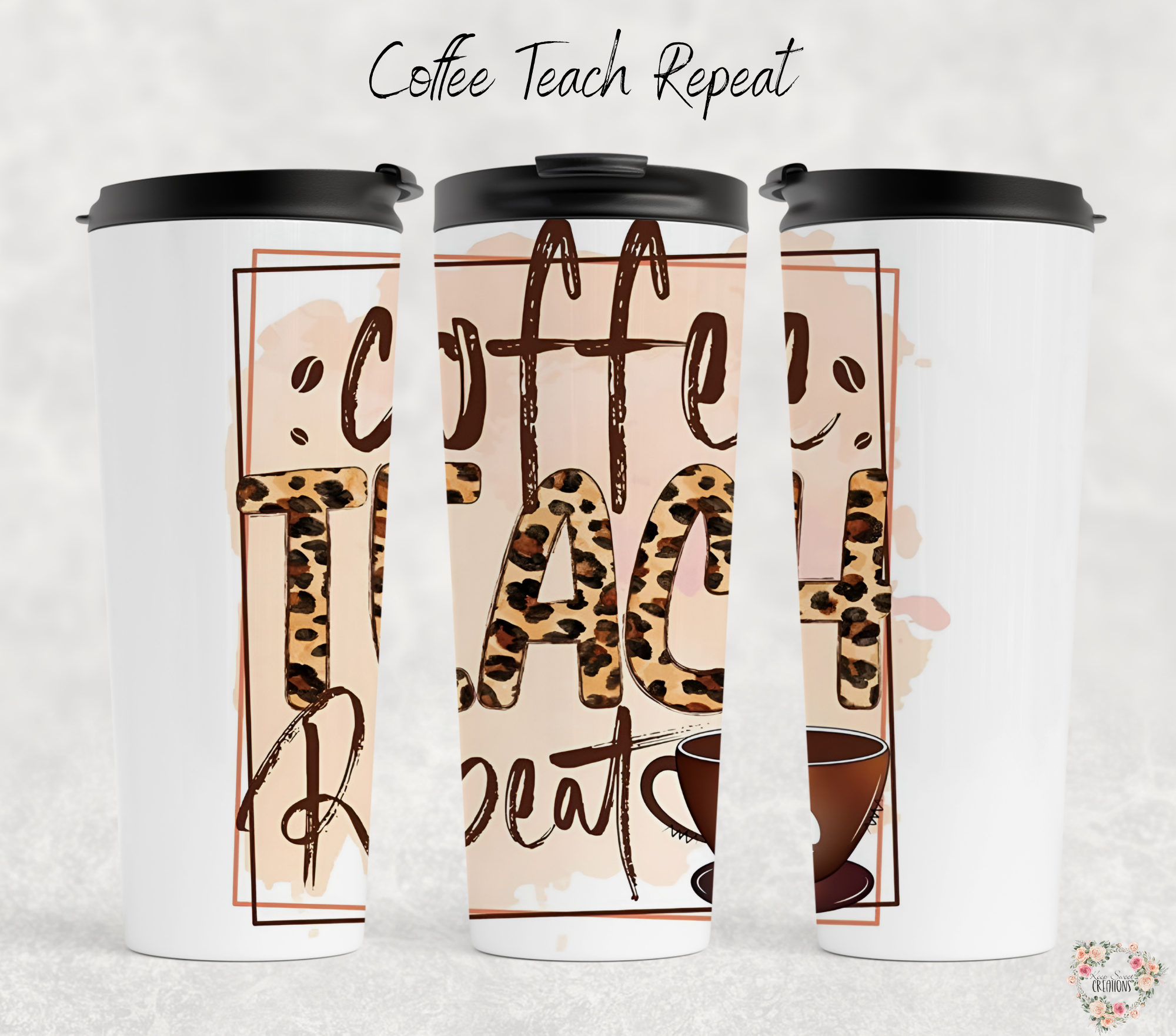 Coffee Teach Repeat teacher mugs in 14 oz sizes on rustic wood background